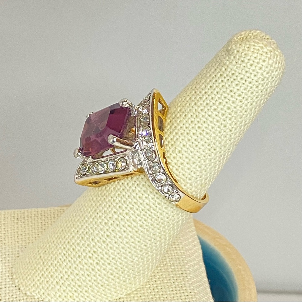 Vintage 18KGE Art Deco Style Emerald Cut Amethyst Crystal Cocktail Ring SZ 7.25 - Picture 4 of 10